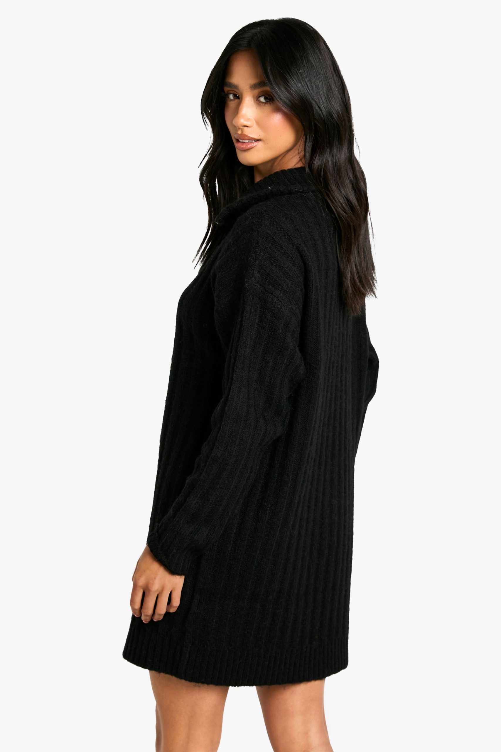 Petite Soft Knit Thick Rib Zip Neck Oversize Mini Dress - Image 2