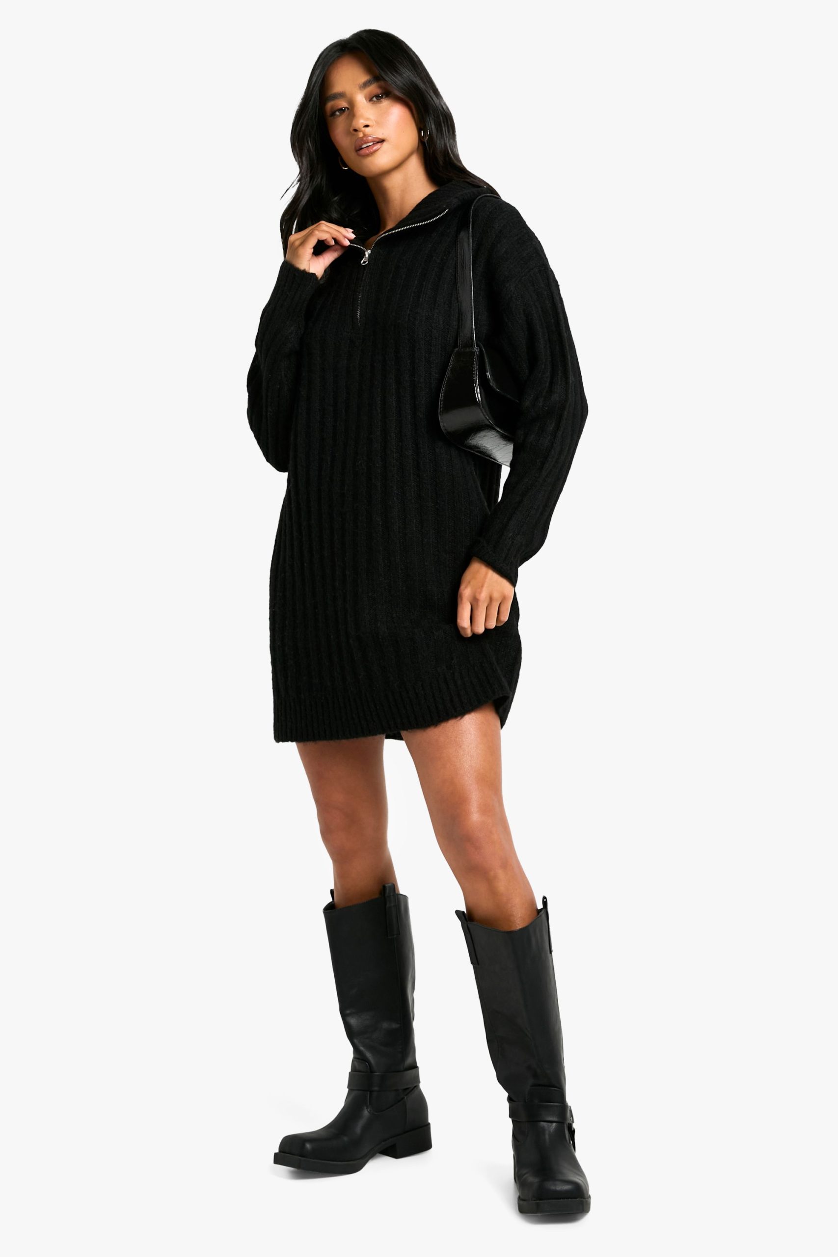 Petite Soft Knit Thick Rib Zip Neck Oversize Mini Dress - Image 3