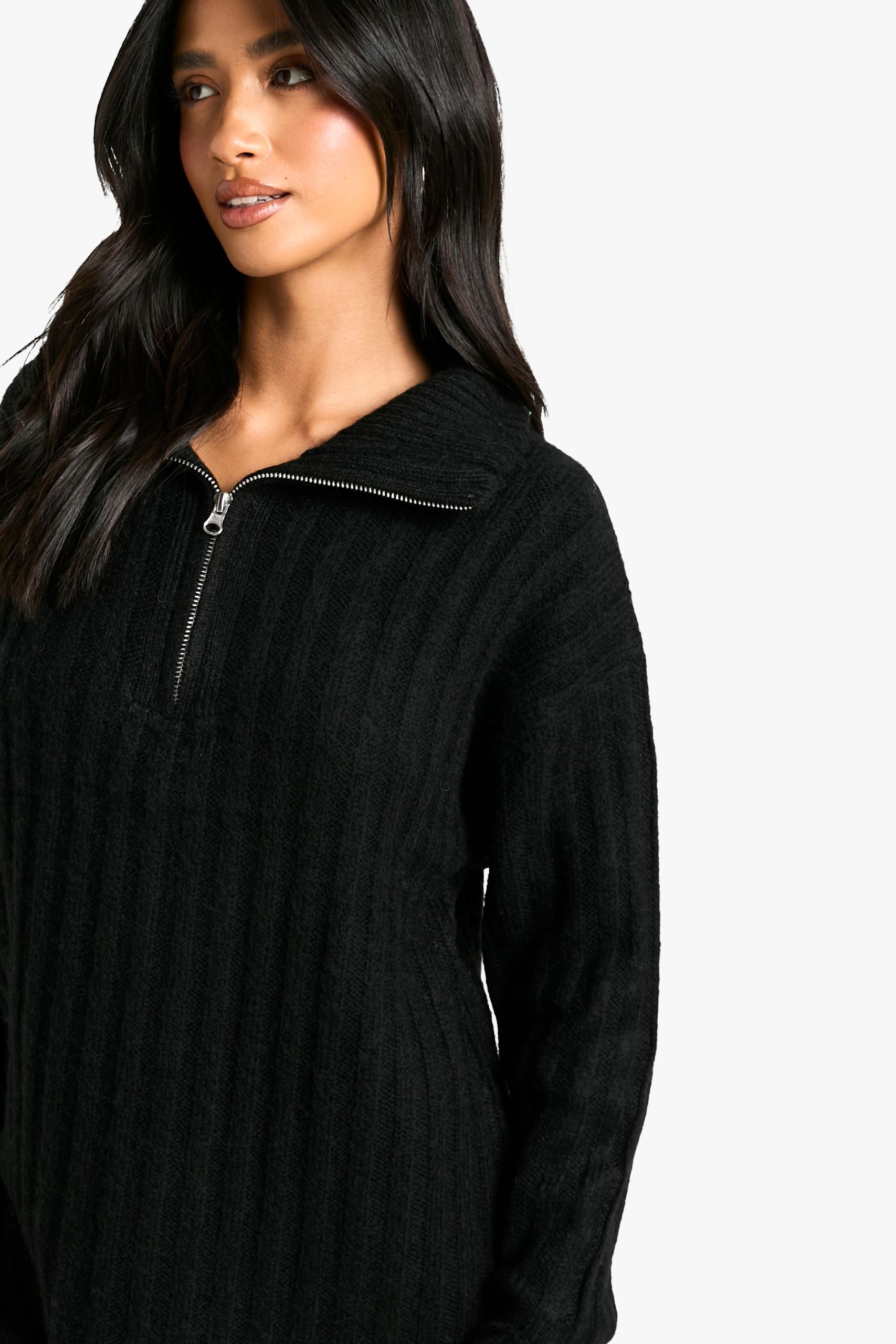 Petite Soft Knit Thick Rib Zip Neck Oversize Mini Dress - Image 4