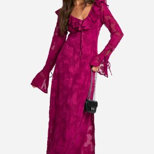 Textured  Flare Sleeve Maxi Dress
