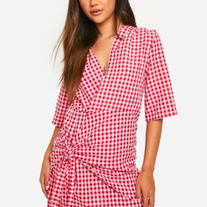 Textured Gingham Wrap Dress