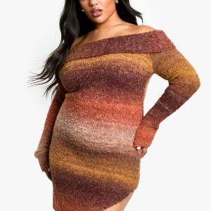 Plus Ombre Fluffy Knit Bardot Mini Dress