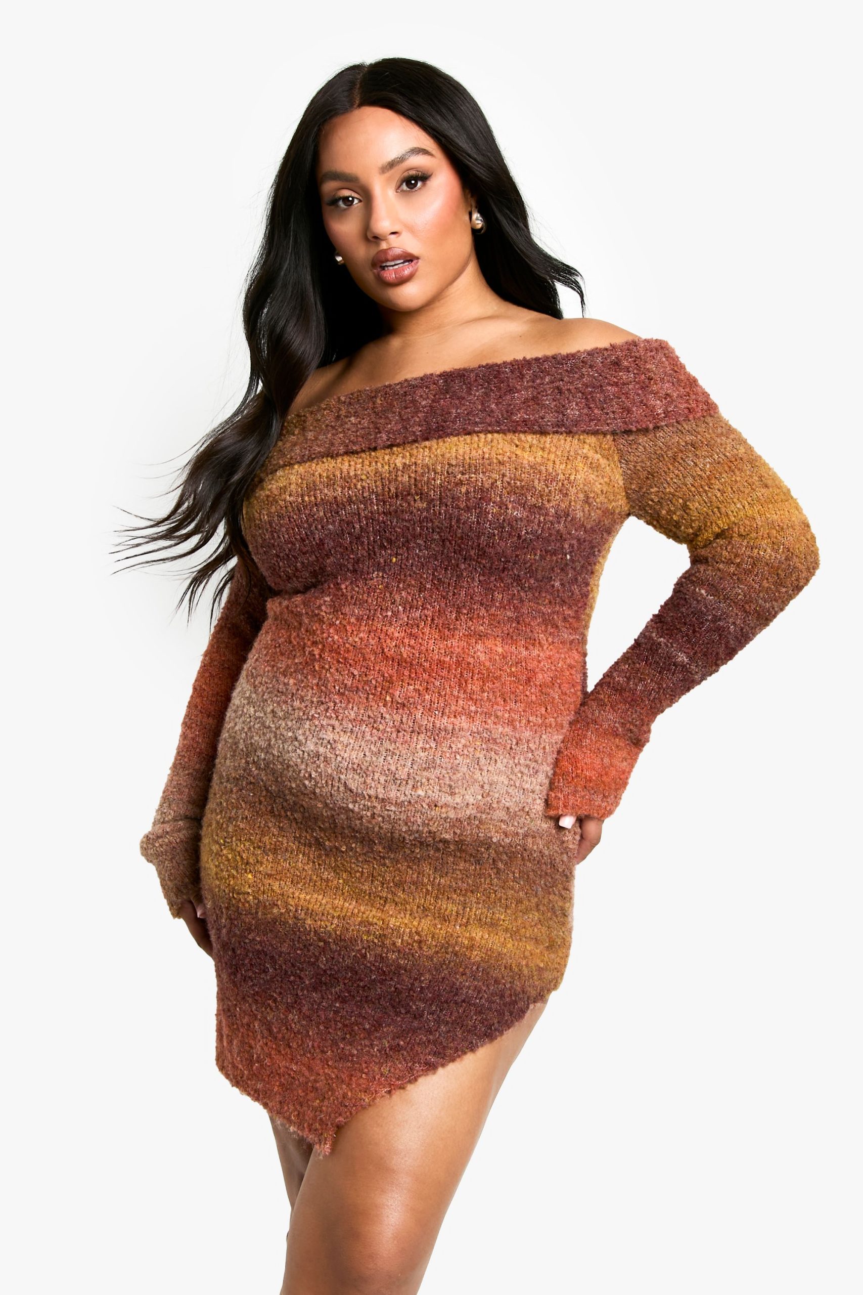 Plus Ombre Fluffy Knit Bardot Mini Dress