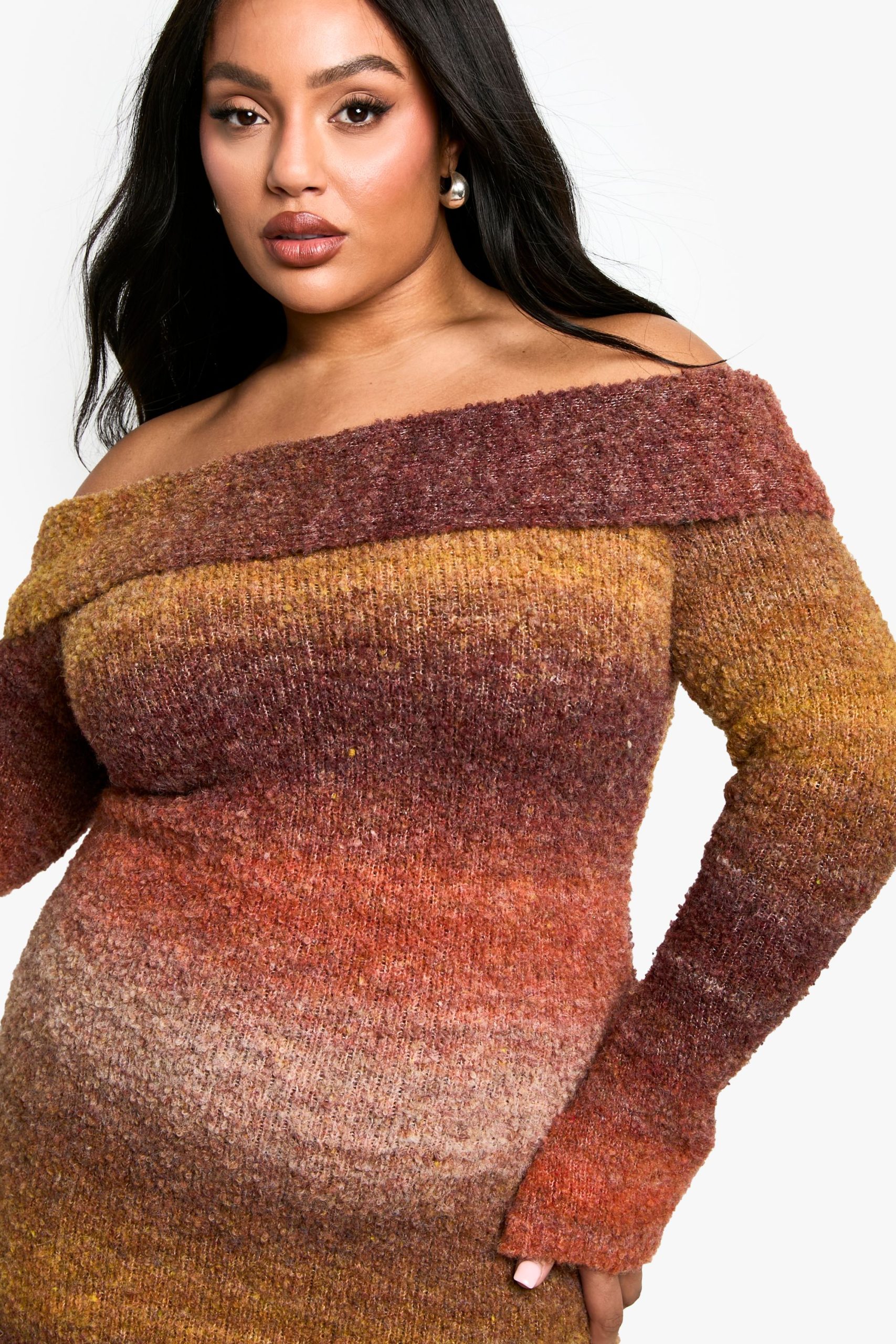 Plus Ombre Fluffy Knit Bardot Mini Dress - Image 4