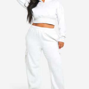 Plus Deep Hem Sweatshirt And Turnover Waistband Straight Leg Cargo Tracksuit