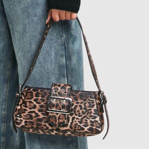Buckle Detail Leopard Shoulder Bag