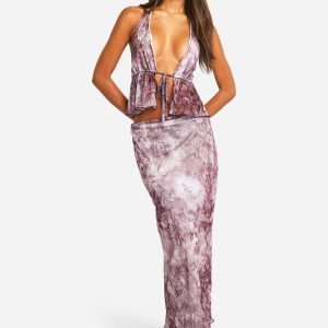 Snake Print Mesh Low Rise Midaxi Skirt