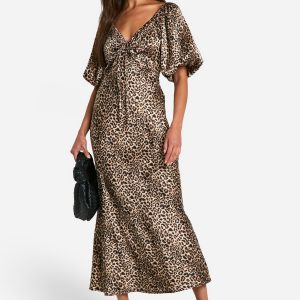Leopard Puff Sleeve Midaxi Dress