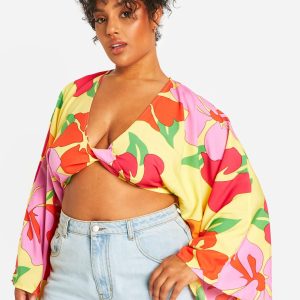 Plus Floral Twist Long Sleeve Crop Top