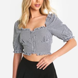 Gingham Frill Hem Puff Sleeve Crop Top