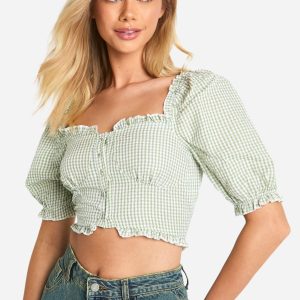 Gingham Frill Hem Puff Sleeve Crop Top