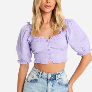 Broderie Puff Sleeve Milkmaid Crop Top