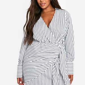 Plus Woven Stripe Wrap Shirt Dress