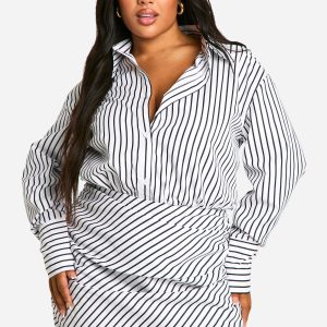 Plus Woven Stripe Ruched Shirt Dress
