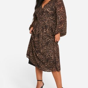 Plus Woven Leopard Milkmaid Midi Skater Dress