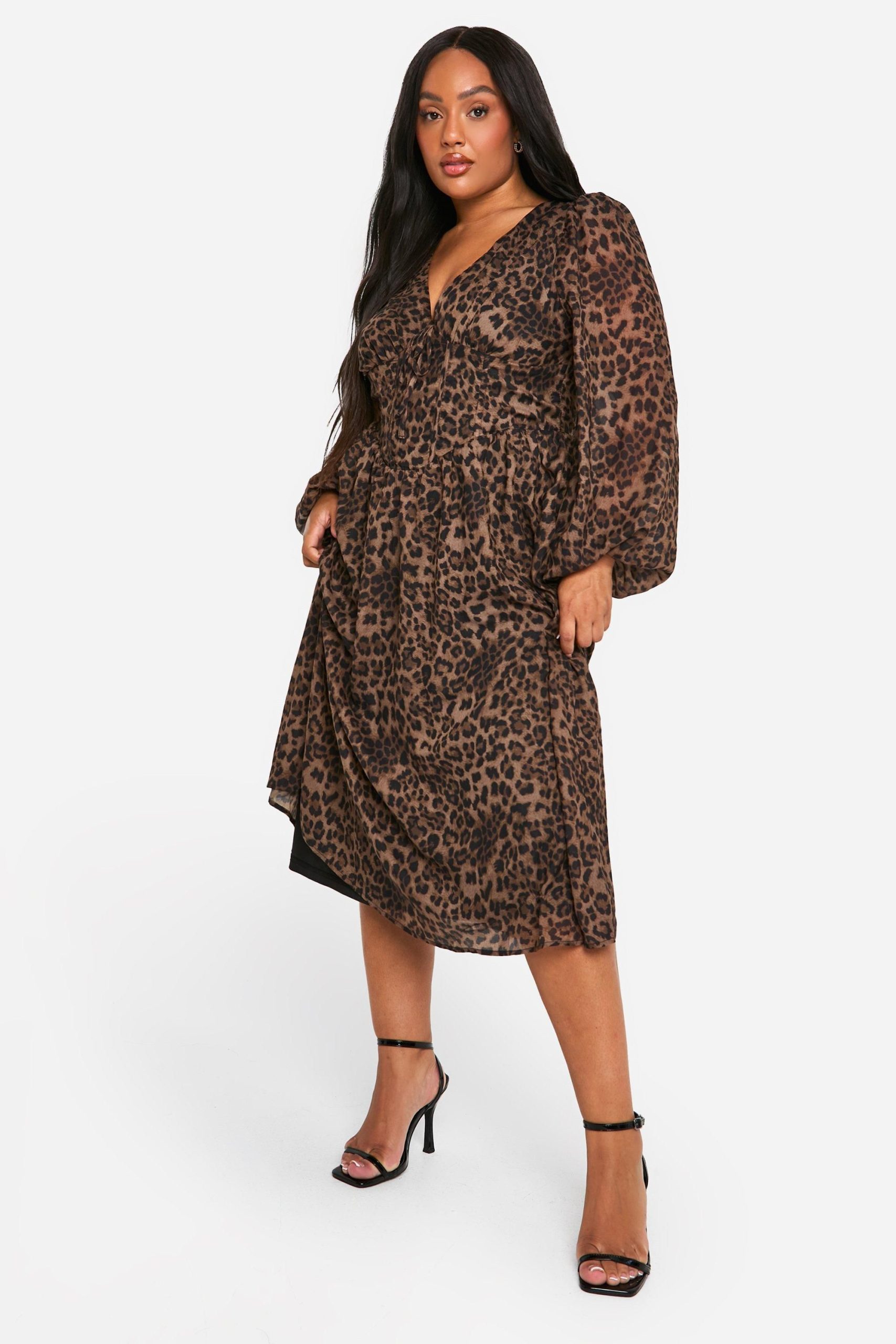 Plus Woven Leopard Milkmaid Midi Skater Dress