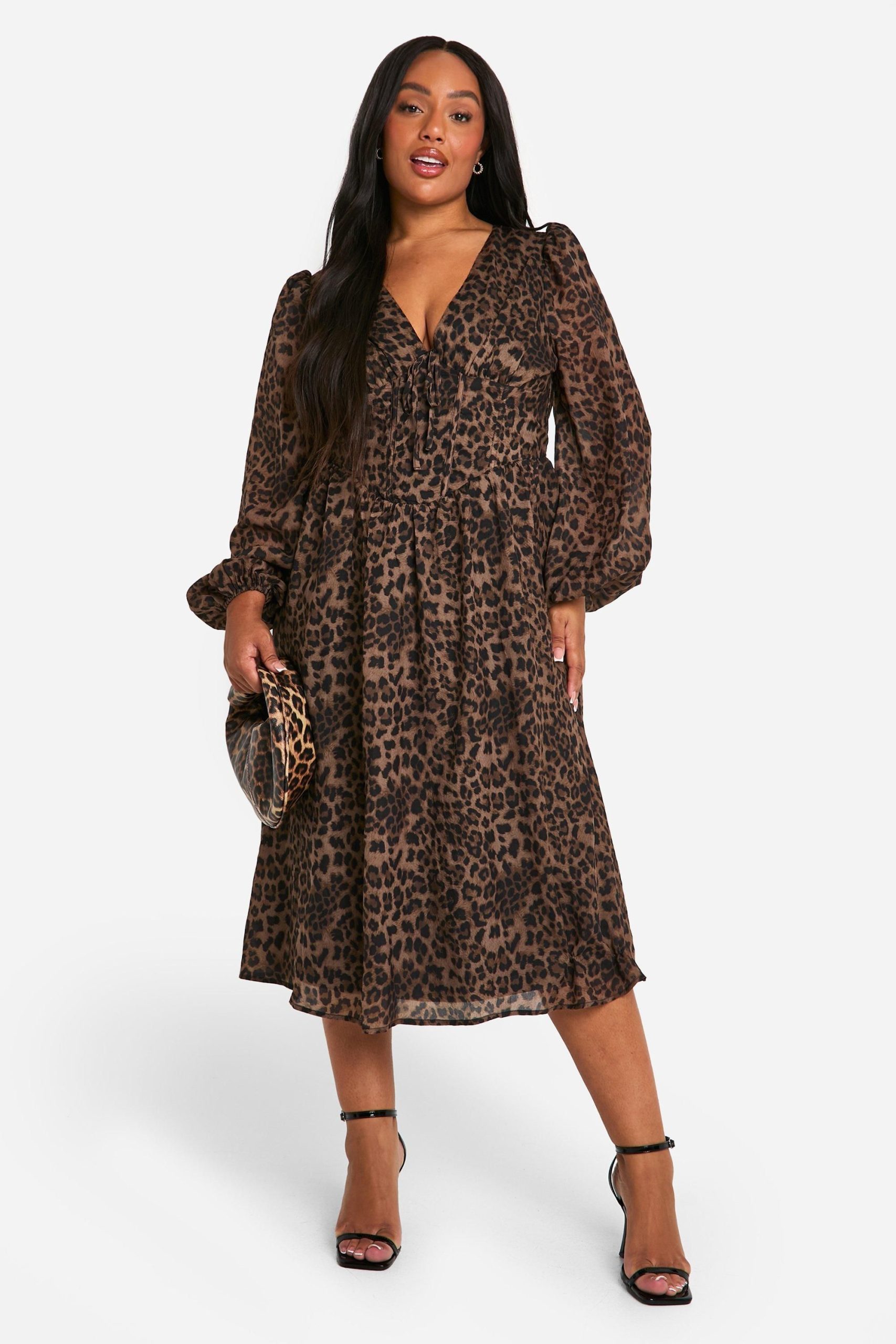 Plus Woven Leopard Milkmaid Midi Skater Dress - Image 3