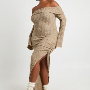 Plus Soft Cable Asymmetric Hem Bardot Maxi Dress