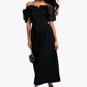Extreme Taffeta Ruffle Bardot Structured Midaxi Skater Dress