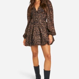 Chiffon Leopard Print Puff Sleeve Milkmaid Skater Dress