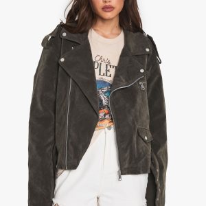 Vintage Suede Look Oversized Biker Jacket