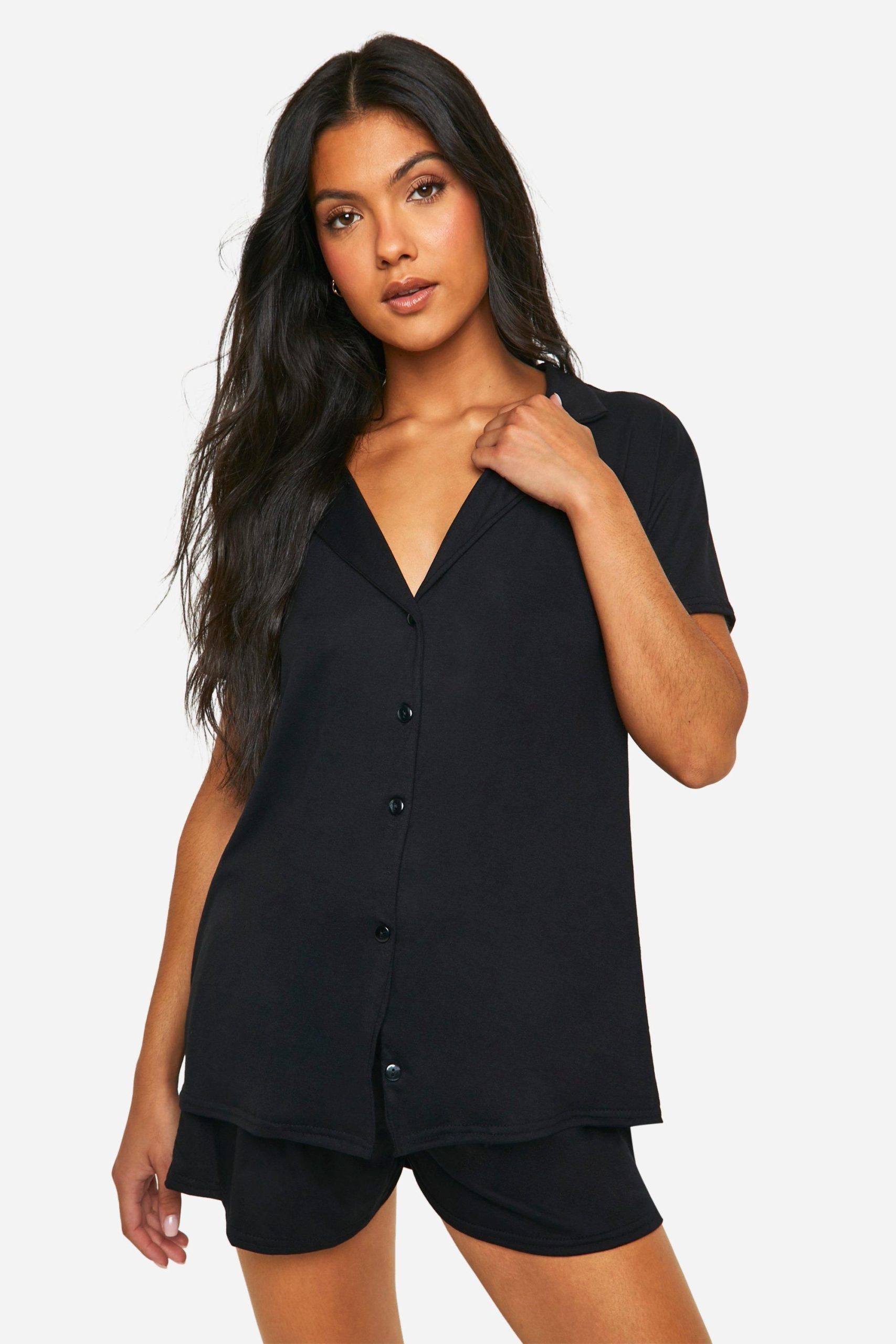 Maternity Peached Button Down Shirt And Short Pj Set