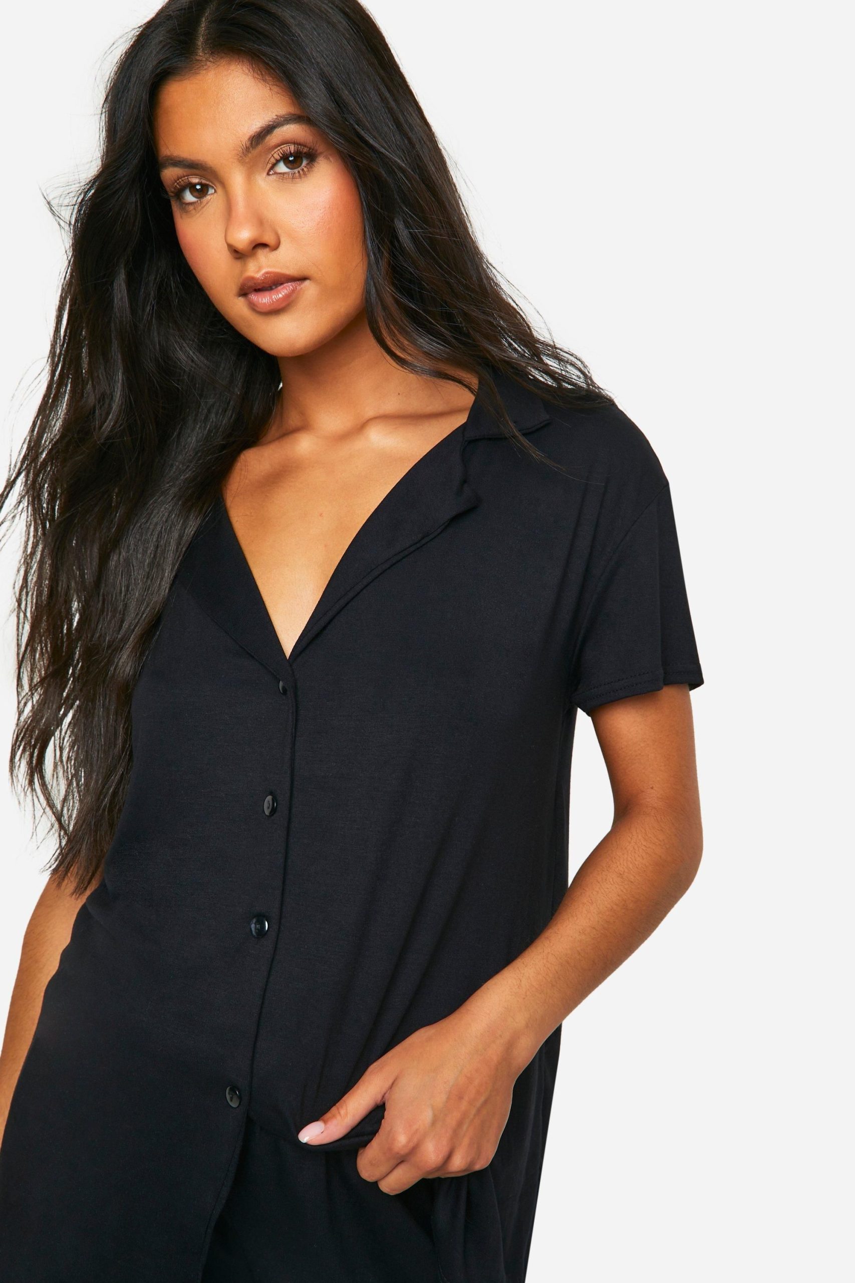 Maternity Peached Button Down Shirt And Short Pj Set - Image 4