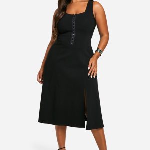 Plus Woven Stretch Corset Detail Floaty Midi Dress