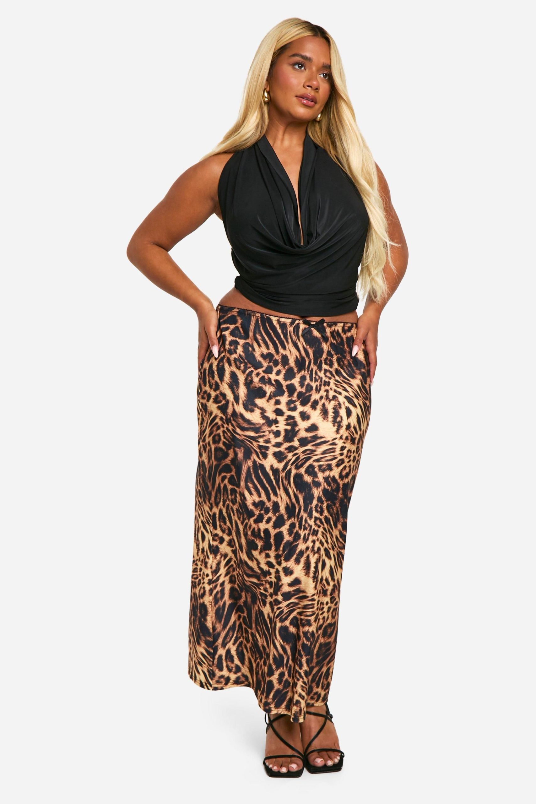 Plus Leopard Woven Stretch Bow Trim Midaxi Skirt - Image 3