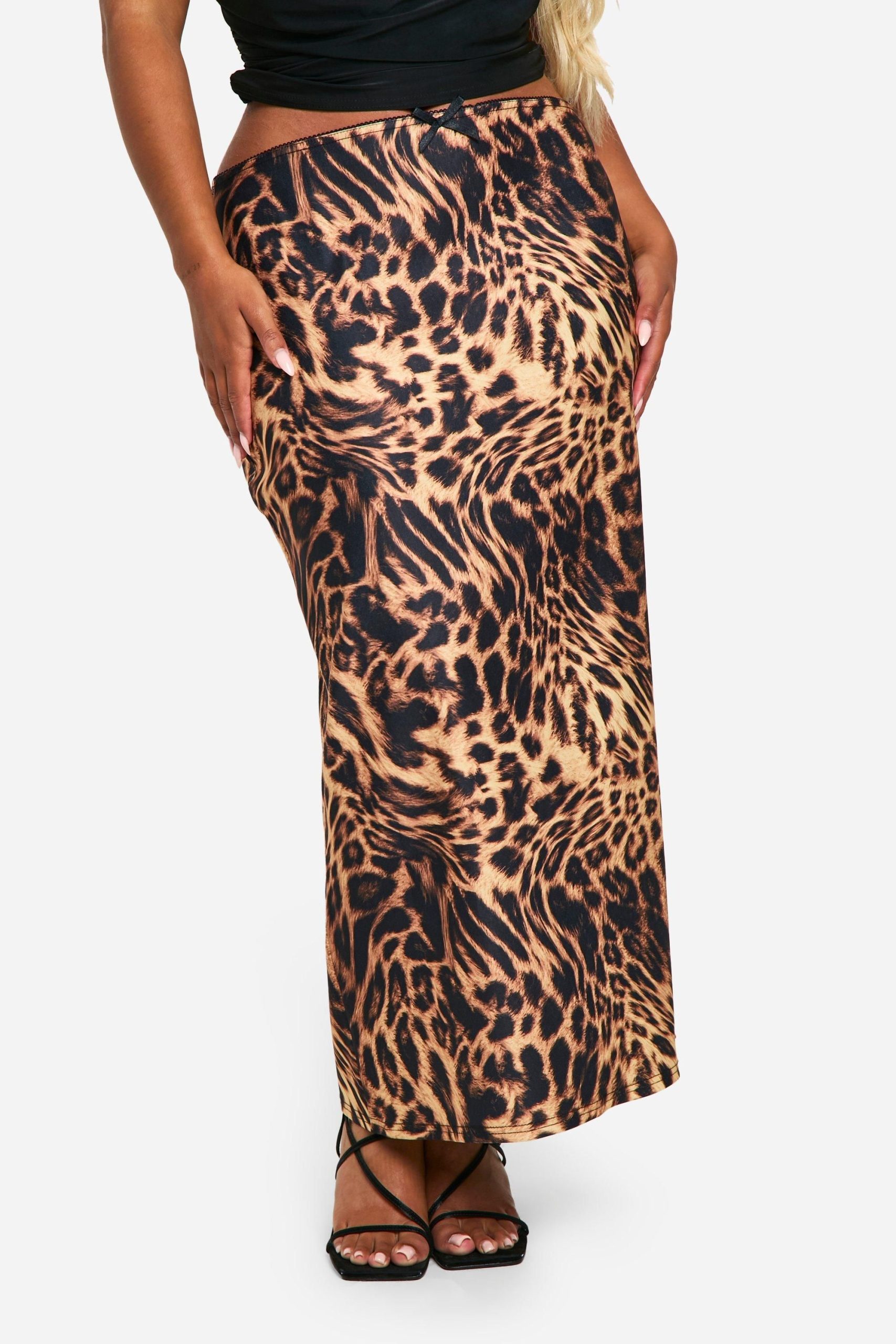 Plus Leopard Woven Stretch Bow Trim Midaxi Skirt - Image 4