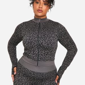 Plus Leopard Print Seamless Zip Through Jacket