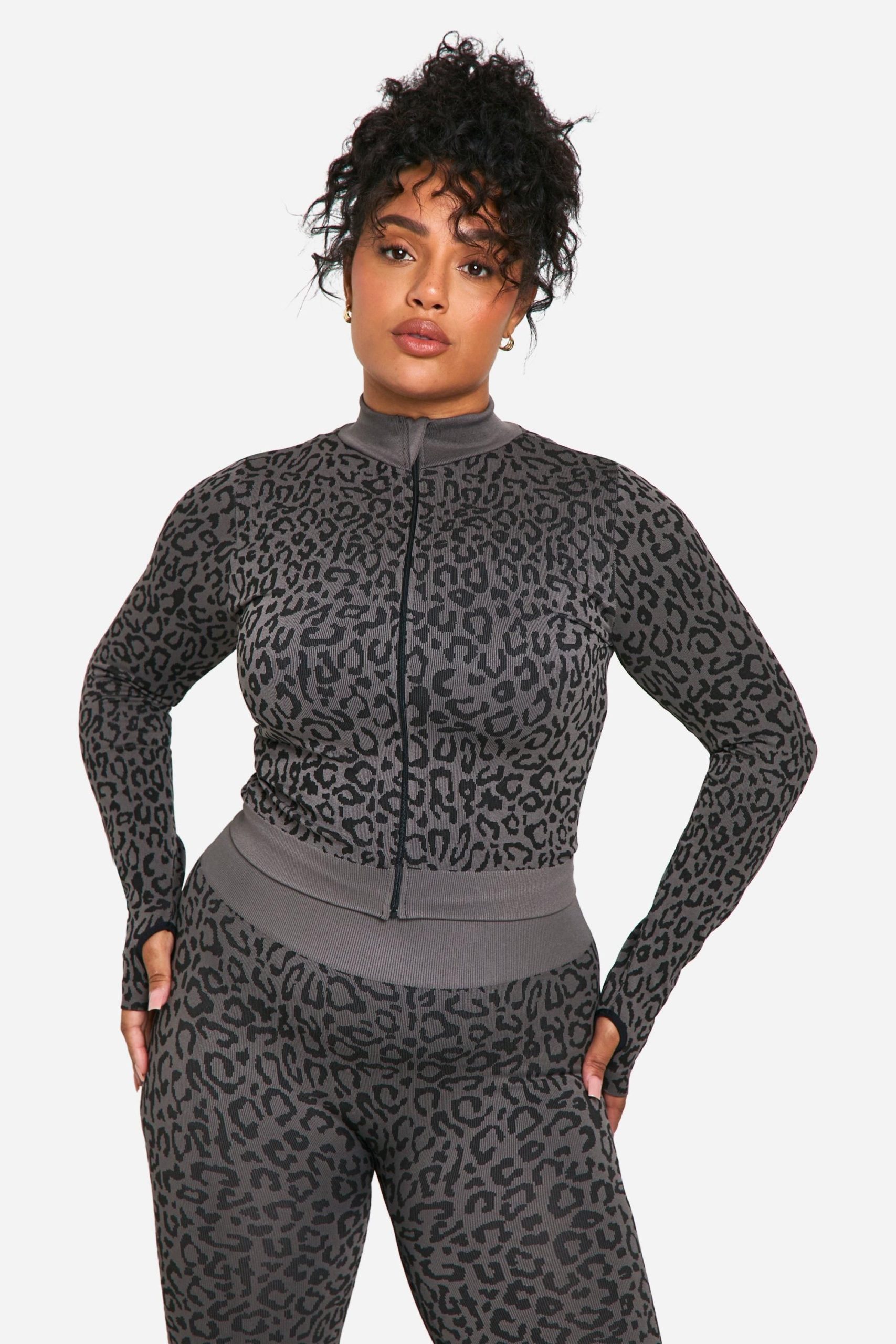 Plus Leopard Print Seamless Zip Through Jacket