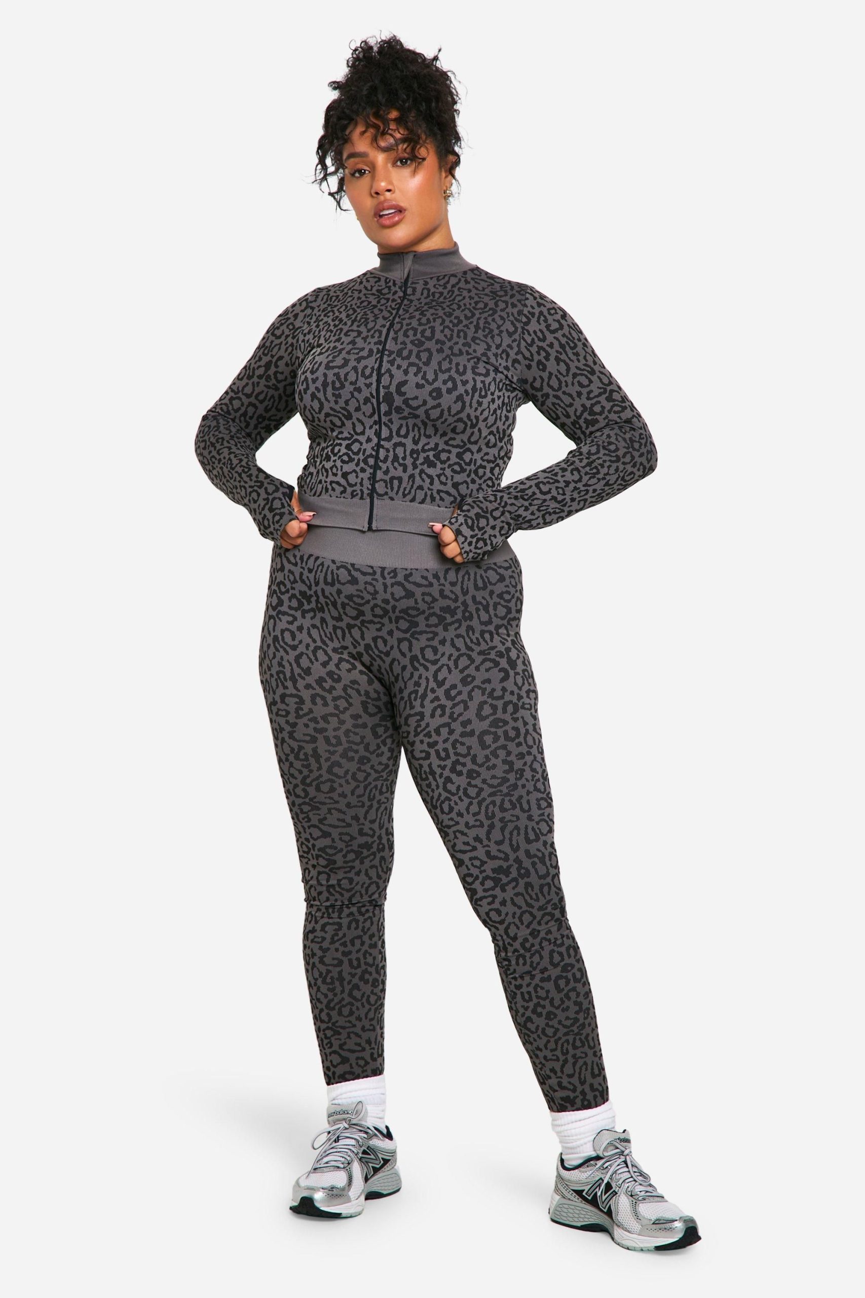 Plus Leopard Print Seamless Zip Through Jacket - Image 3