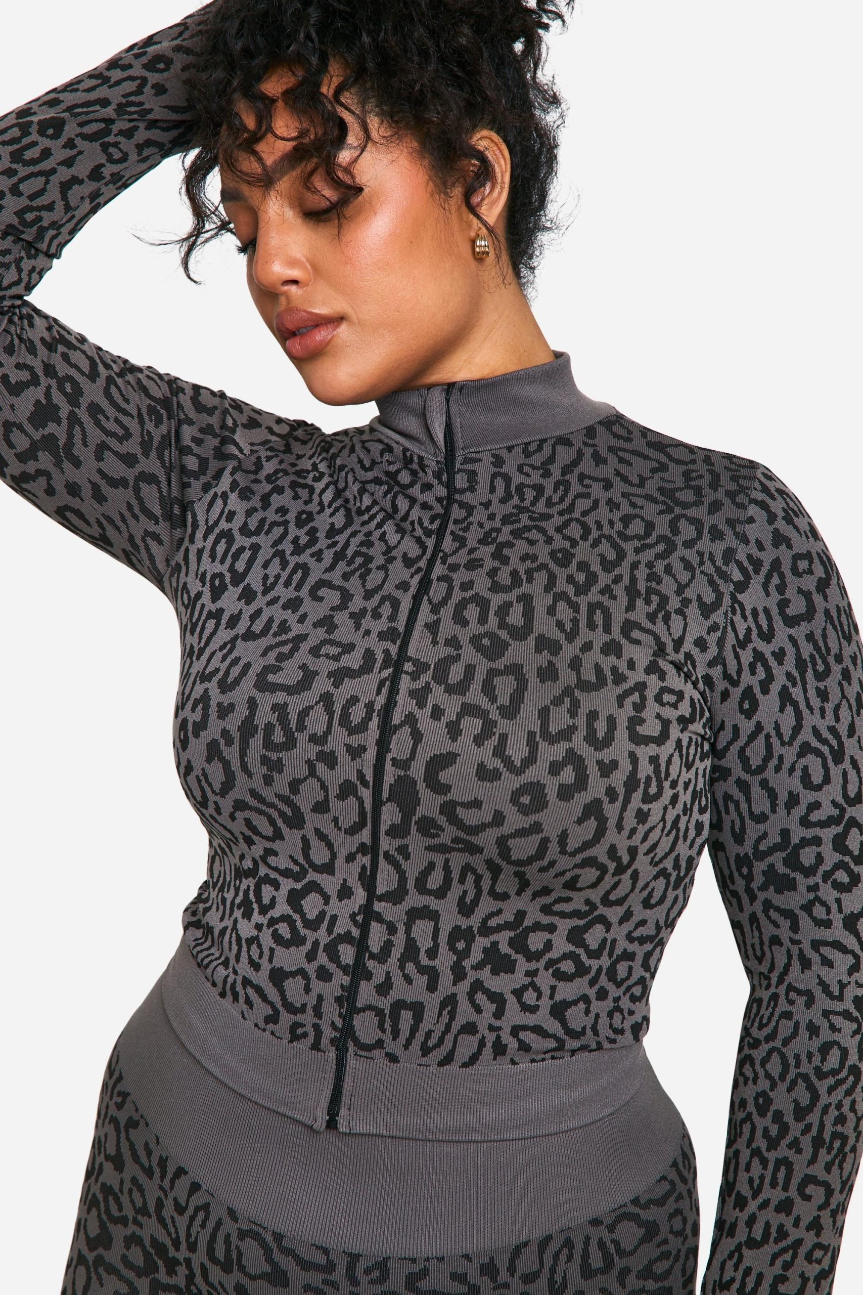Plus Leopard Print Seamless Zip Through Jacket - Image 4