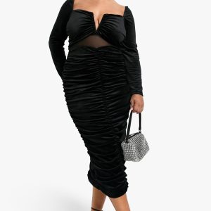 Plus Velvet Sheer Detailed Long Sleeve Midi Dress