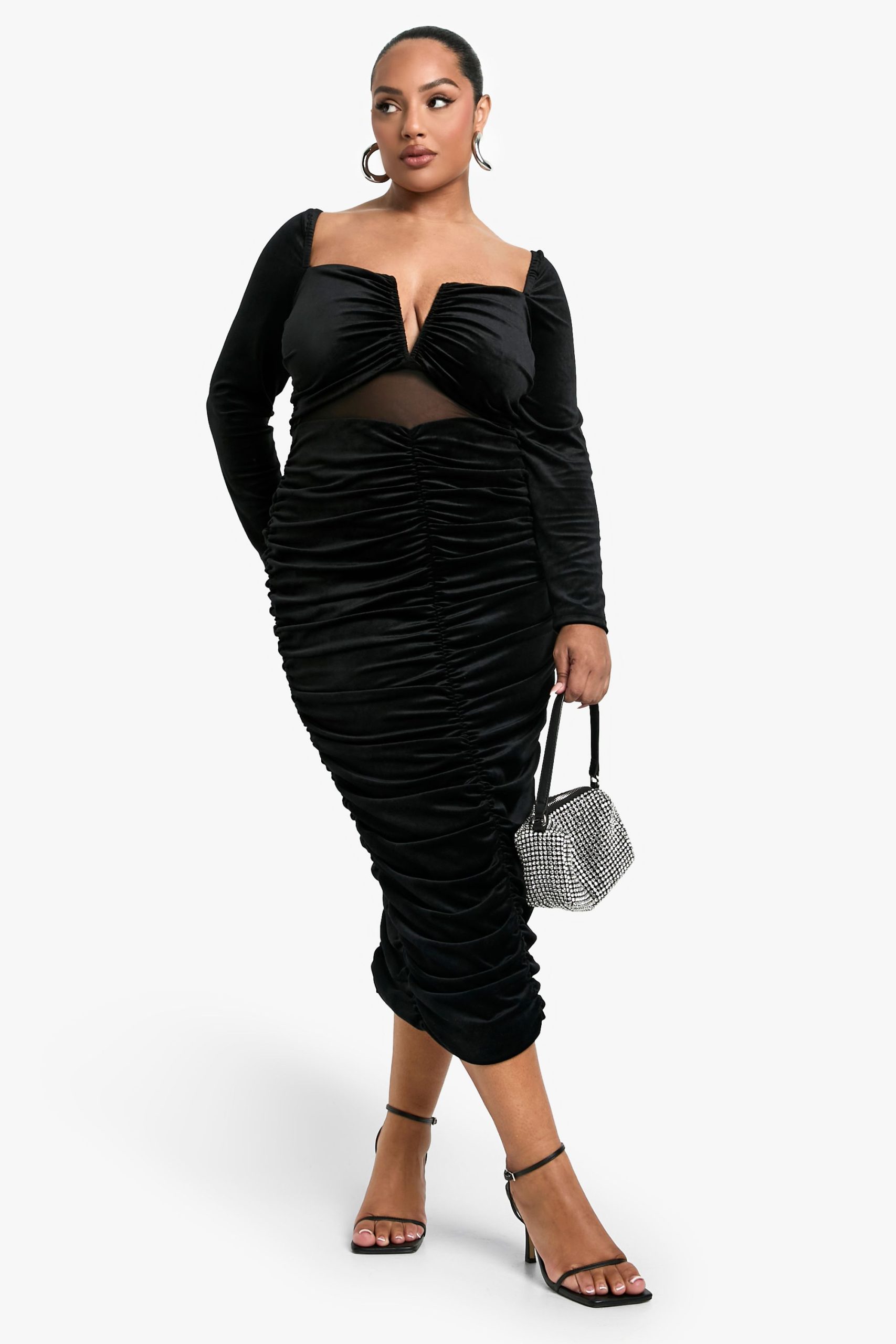 Plus Velvet Sheer Detailed Long Sleeve Midi Dress