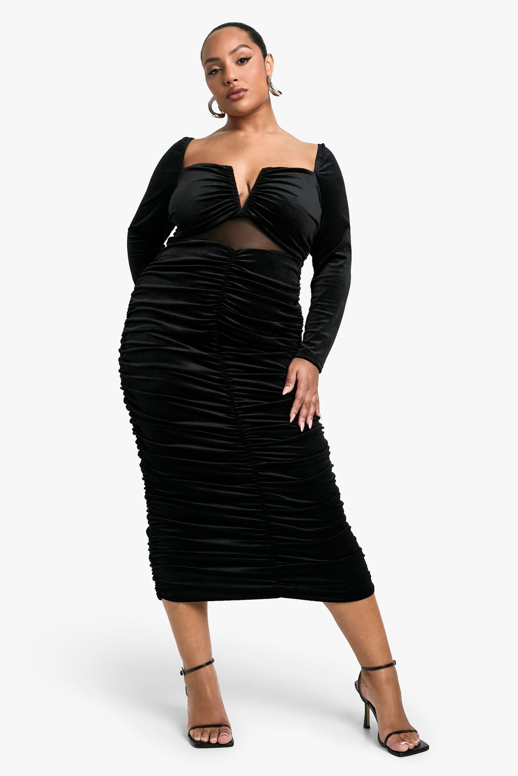 Plus Velvet Sheer Detailed Long Sleeve Midi Dress - Image 3