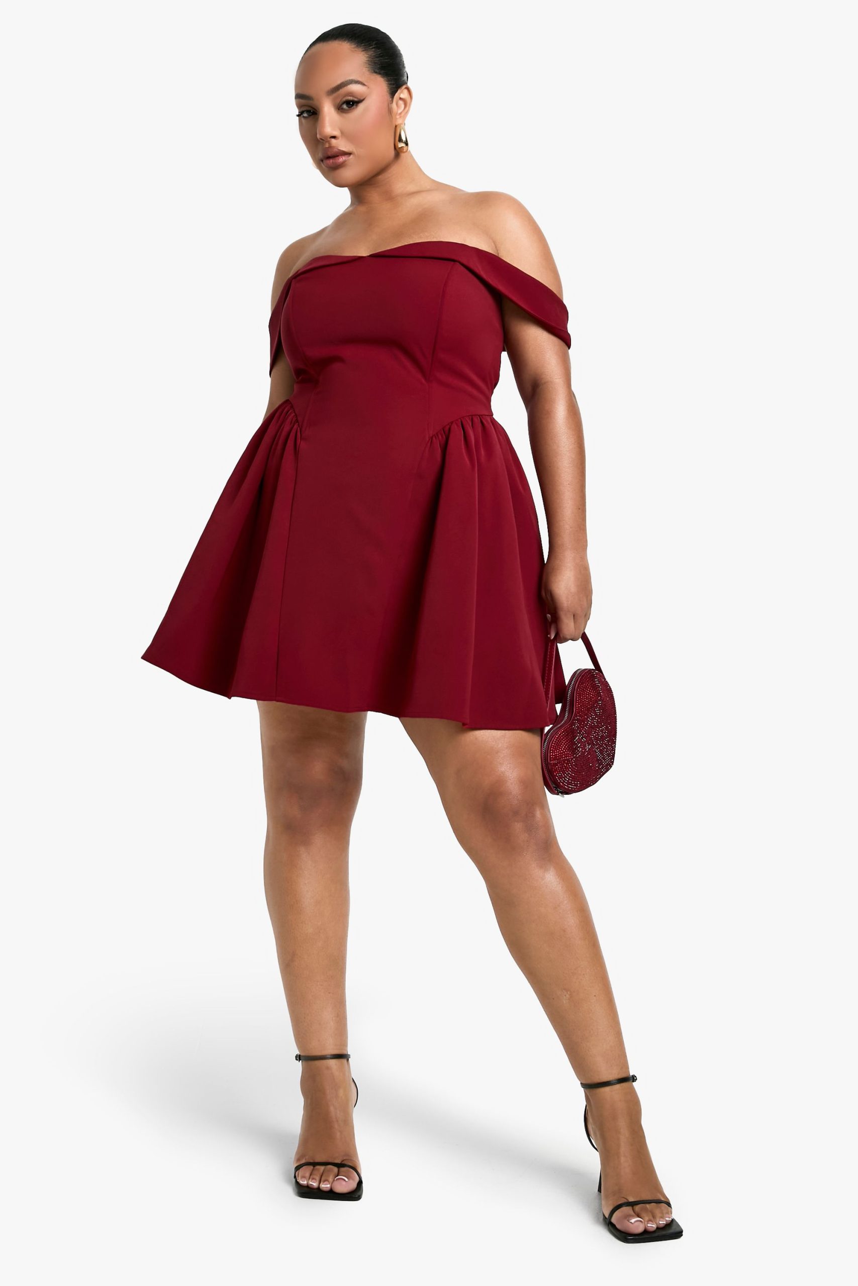 Plus Off The Shoulder Pleated Skater Dress - Image 3