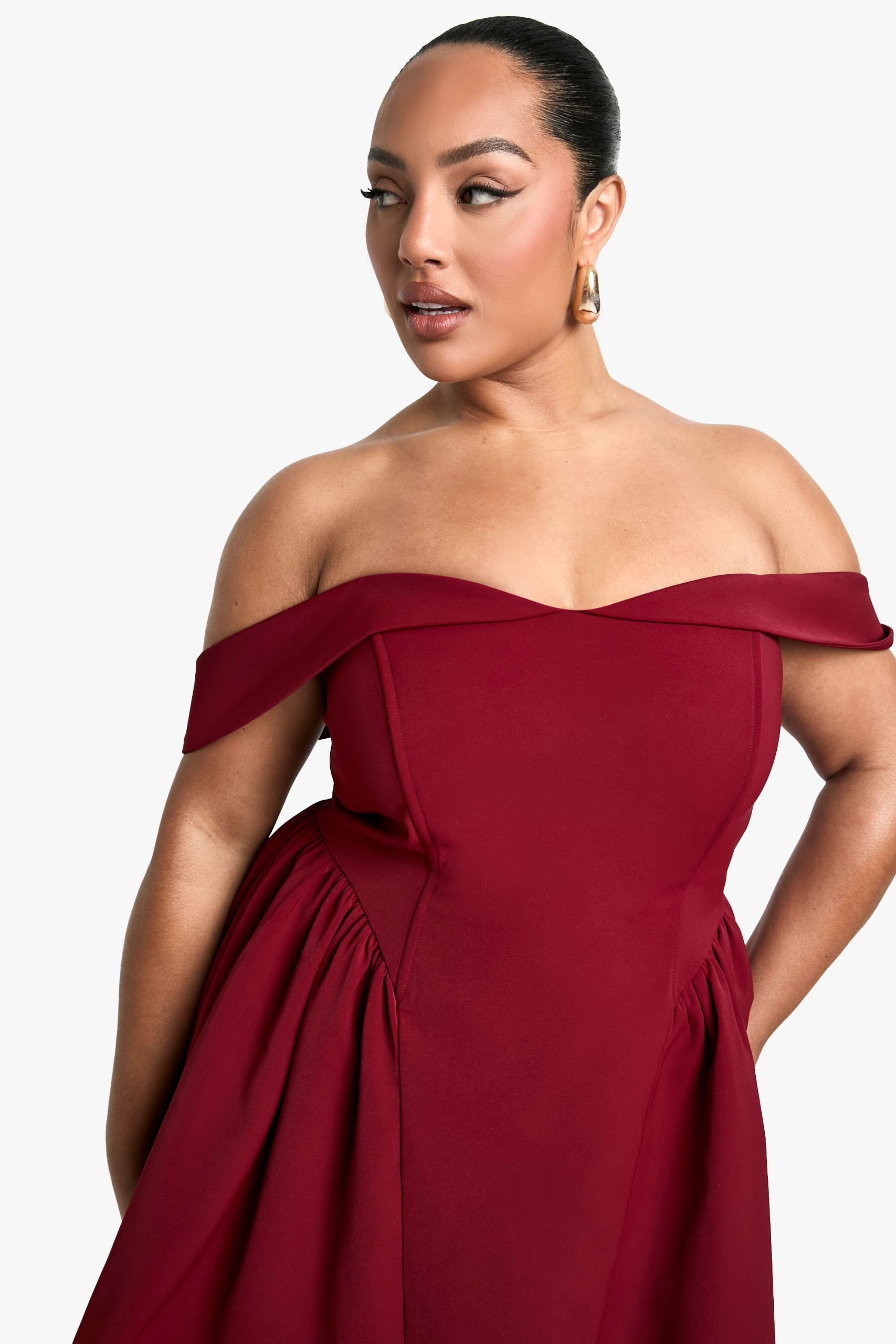 Plus Off The Shoulder Pleated Skater Dress - Image 4