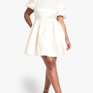 Plus Taffeta Bow Back Puff Sleeve Skater Dress