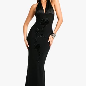 Floral Hand Embellished Halterneck Mesh Maxi Dress
