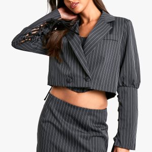 Pinstripe Lace Up Sleeve Cropped Blazer