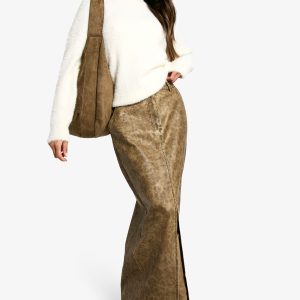Washed Pu Split Front Maxi Skirt
