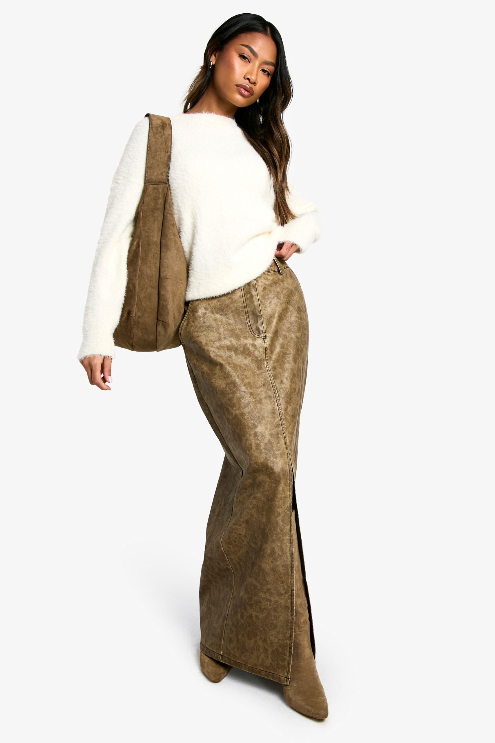 Washed Pu Split Front Maxi Skirt