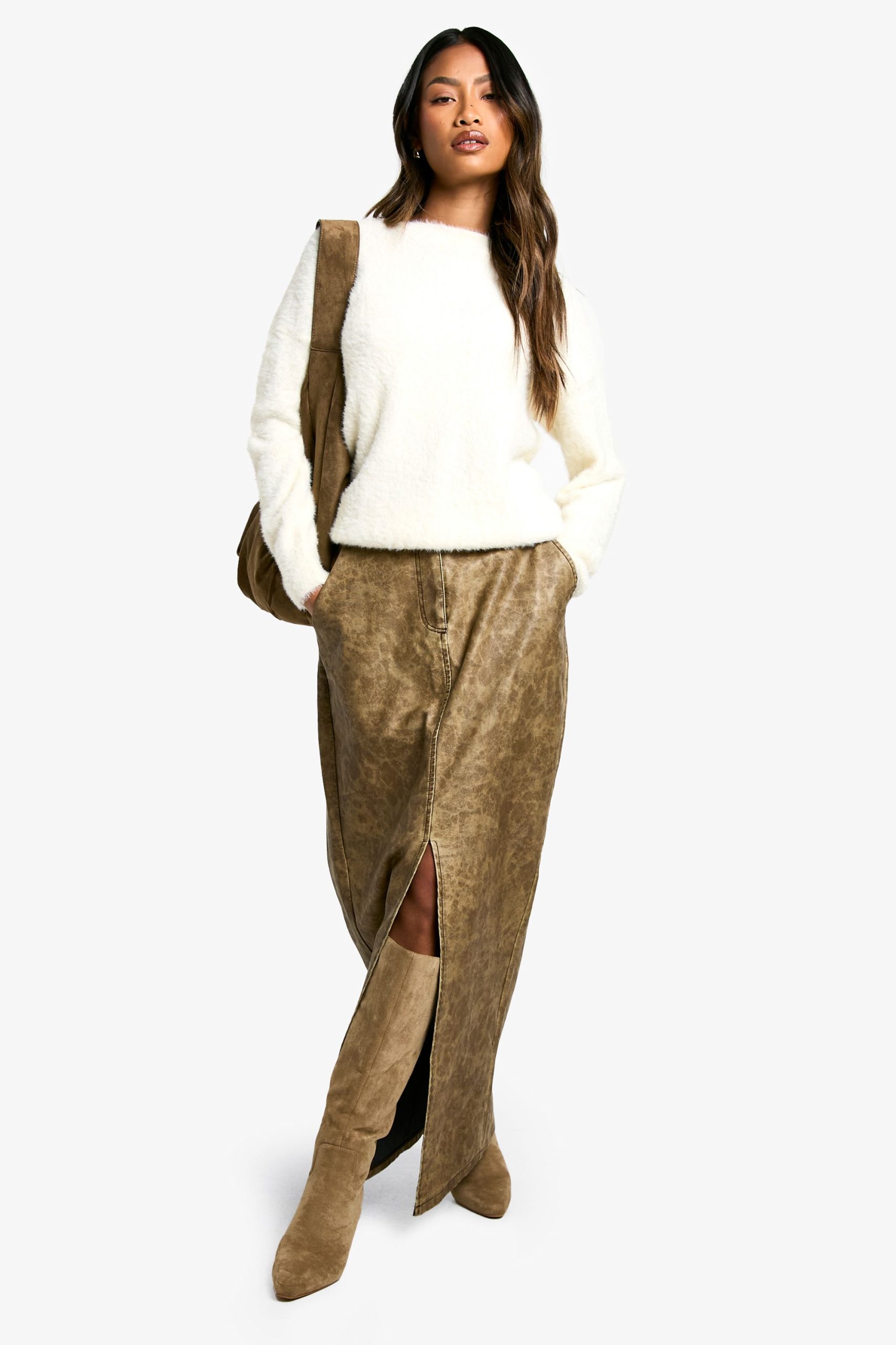 Washed Pu Split Front Maxi Skirt - Image 3