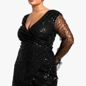 Plus Beaded Sequin Wrap Dress