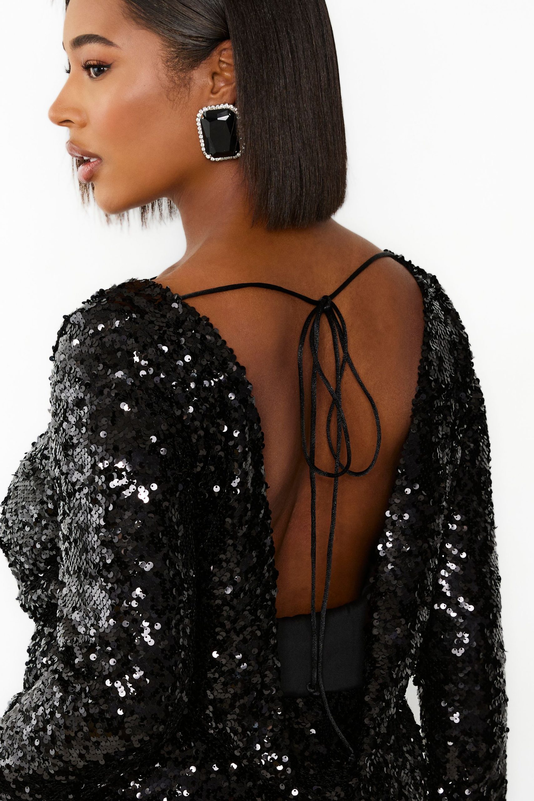 Plus Sequin Cowl Back Long Sleeve Mini Dress - Image 4