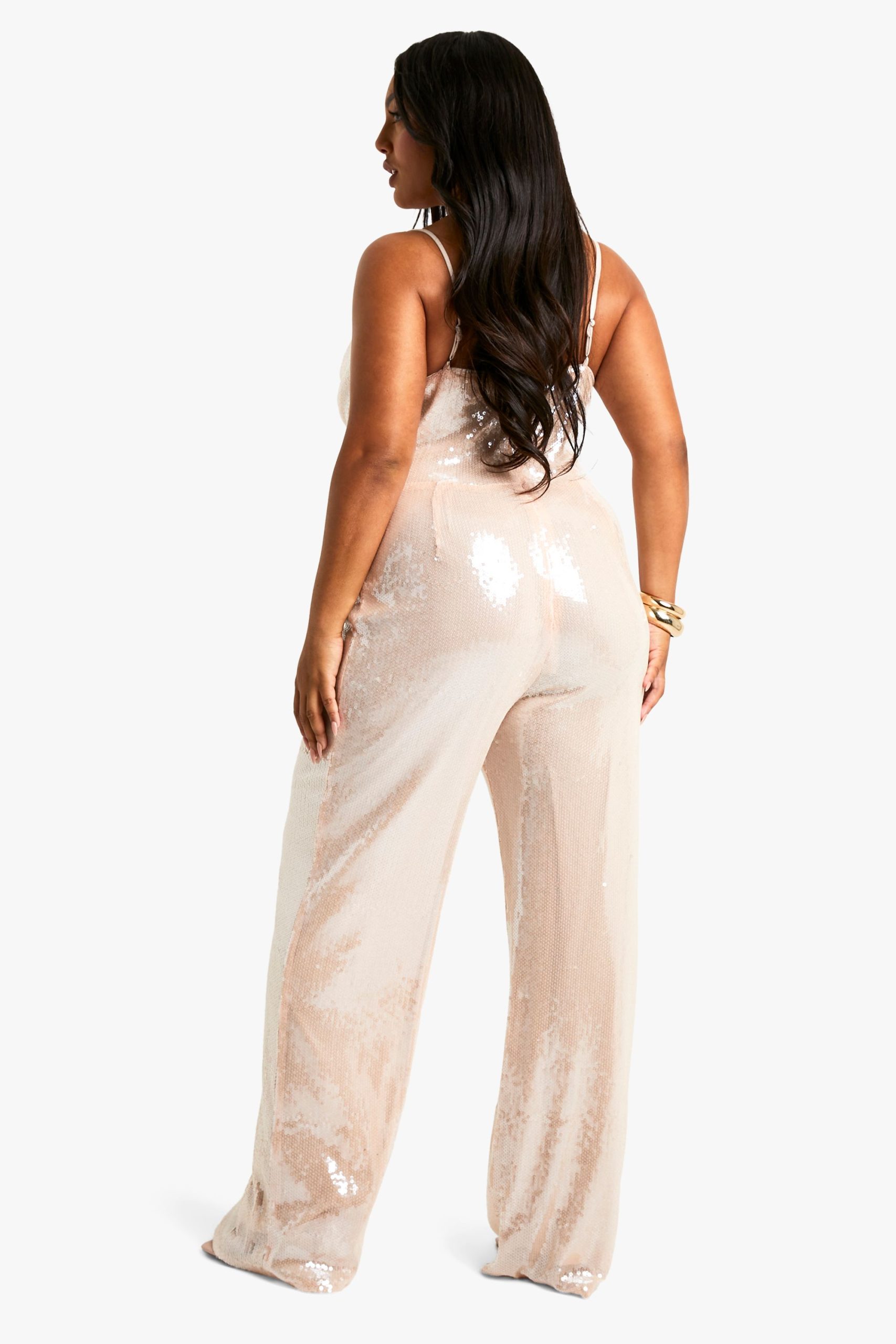 Plus Sheer Sequin Cowl Neck Jumpsuit - Image 2