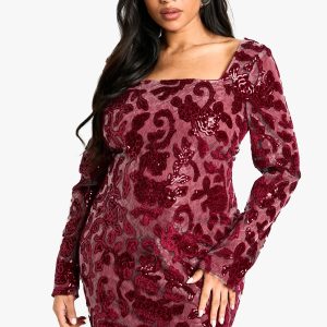 Plus Demask Square Neck Bodycon Dress