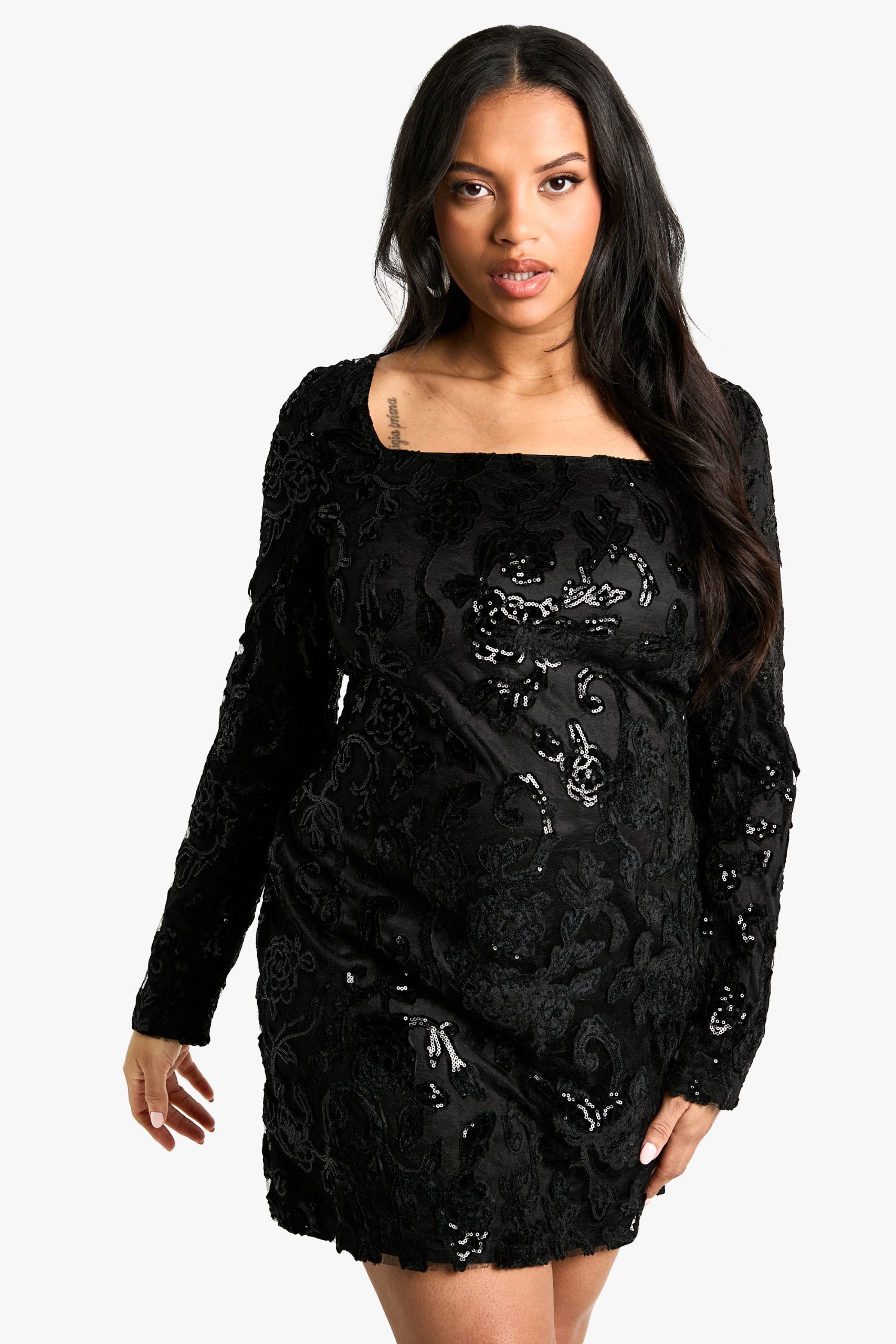 Plus Demask Square Neck Bodycon Dress - Image 3